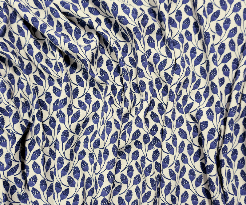 Blue-Beige Famous Designer Viscose Floral Crepe Faille Fabric