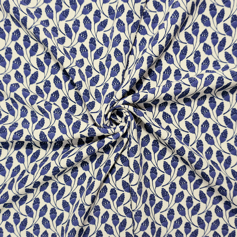 Blue-Beige Famous Designer Viscose Floral Crepe Faille Fabric