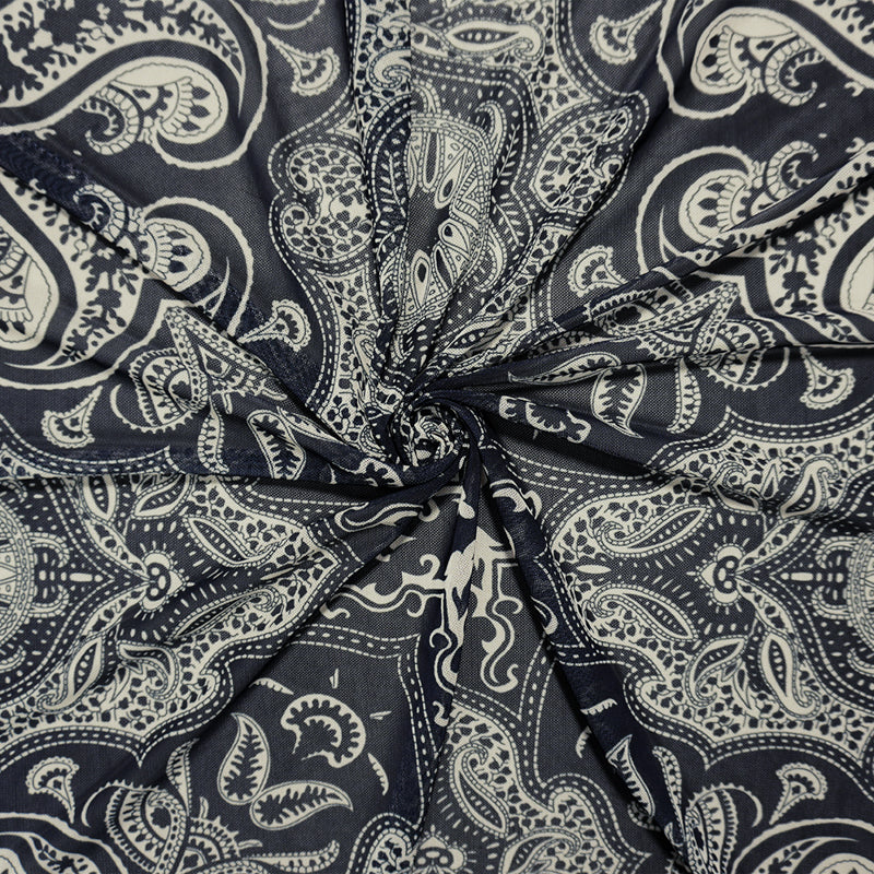 Black-Beige Famous Designer Poly Spandex Paisley Mesh Knit Fabric