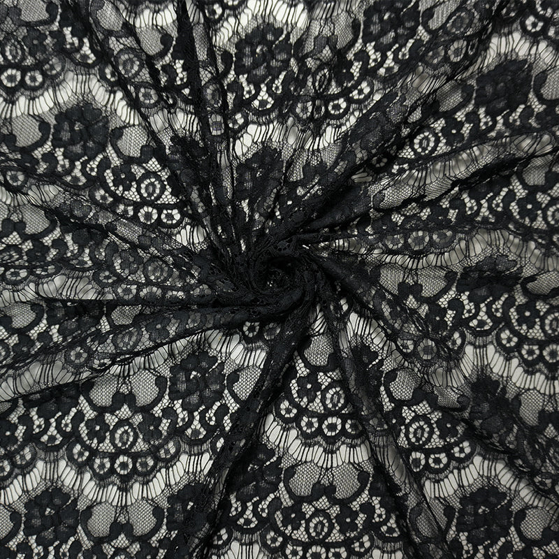 Black Famous Designer Poly Floral Raschel Lace Knit Fabric