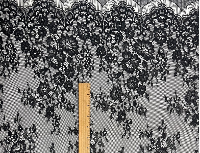 Black Famous Designer Poly Floral PANEL Raschel Lace Knit Fabric