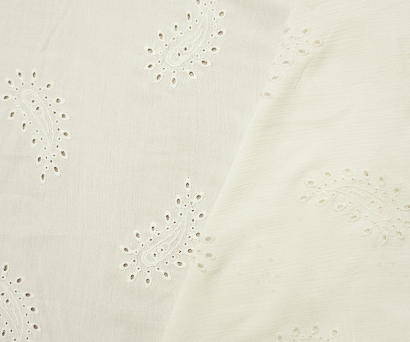 White Designer Rayon Paisley Embroidered Eyelet Gauze Fabric