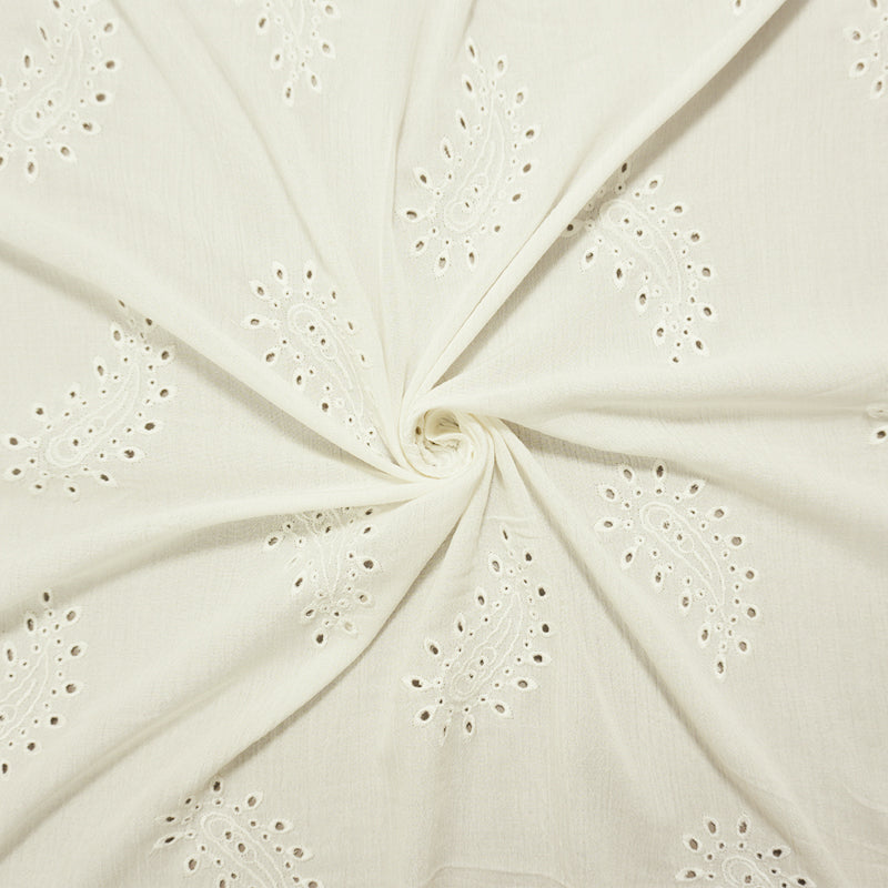 White Designer Rayon Paisley Embroidered Eyelet Gauze Fabric