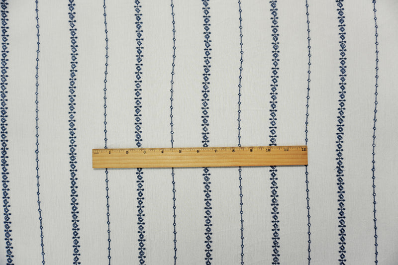 White-Blue Designer Rayon Stripe Embroidered Gauze Woven Fabric