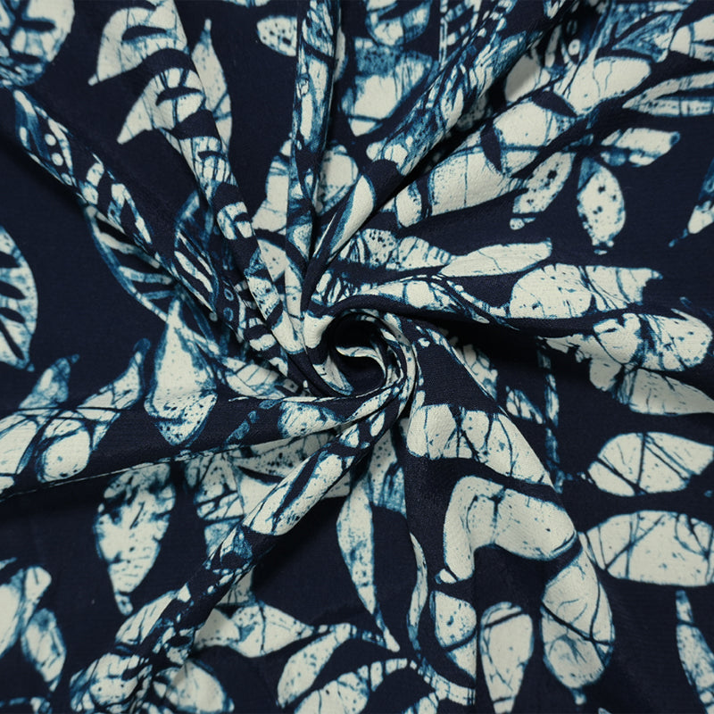 Blue-White Famous Designer Viscose Leaves Crepe Faille Fabric