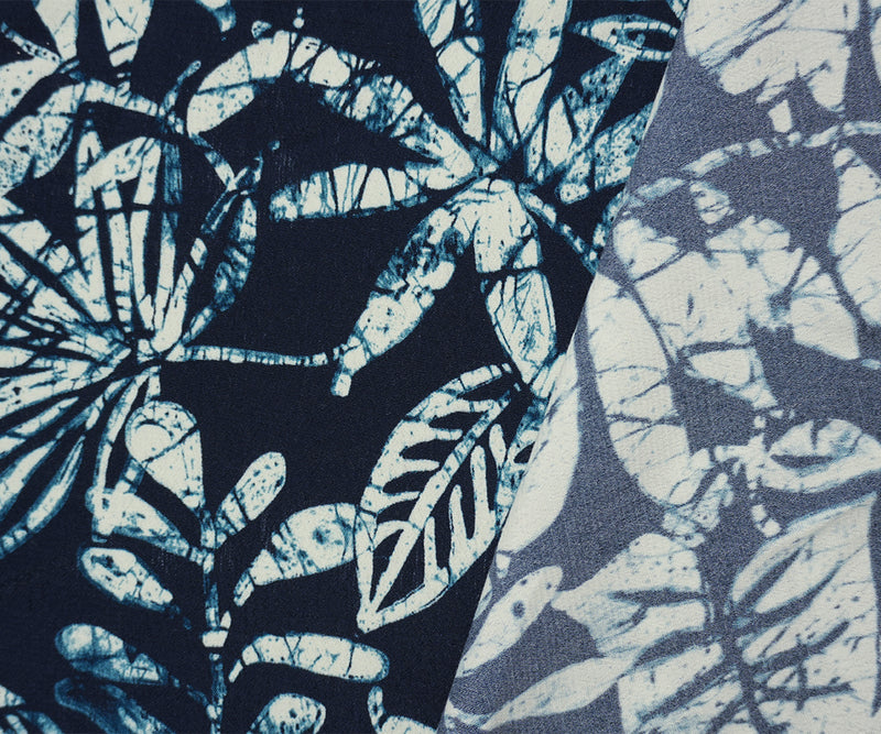 Blue-White Famous Designer Viscose Leaves Crepe Faille Fabric