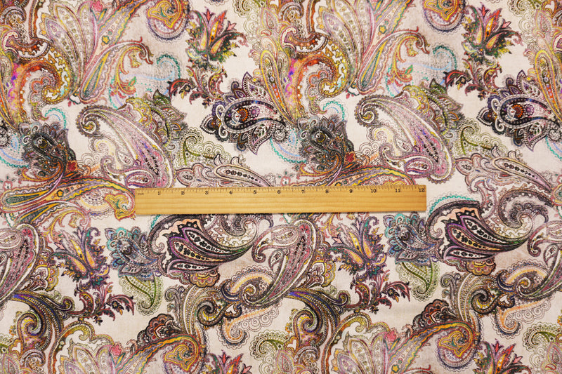 White-Multi Famous Designer Viscose Paisley Print Crepe Faille Woven Fabric