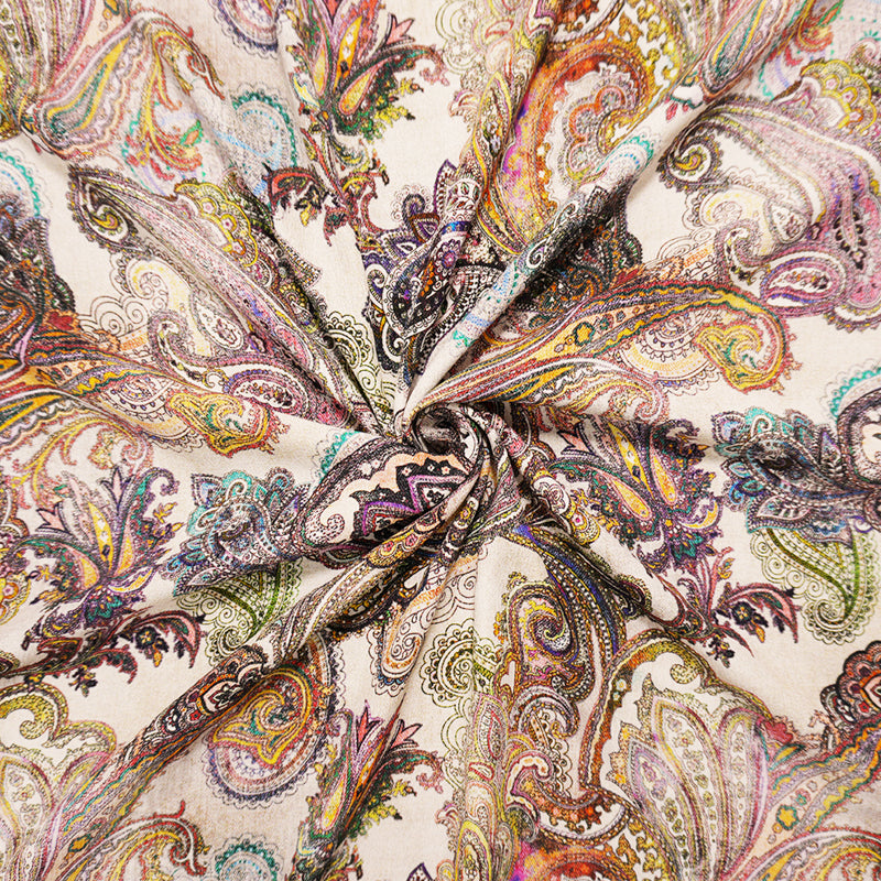 White-Multi Famous Designer Viscose Paisley Print Crepe Faille Woven Fabric