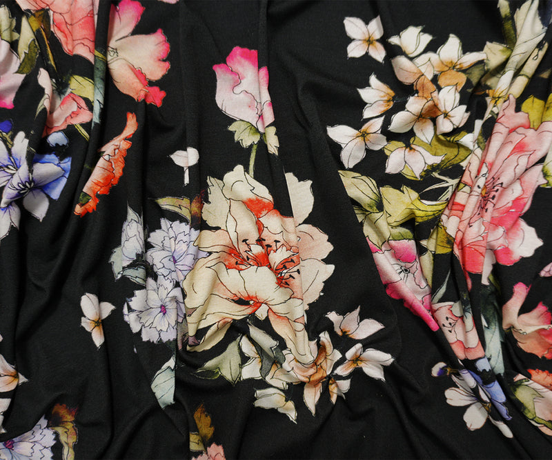 Black-Brown-Multi Famous Designer Rayon Floral Jersey Knit Fabric