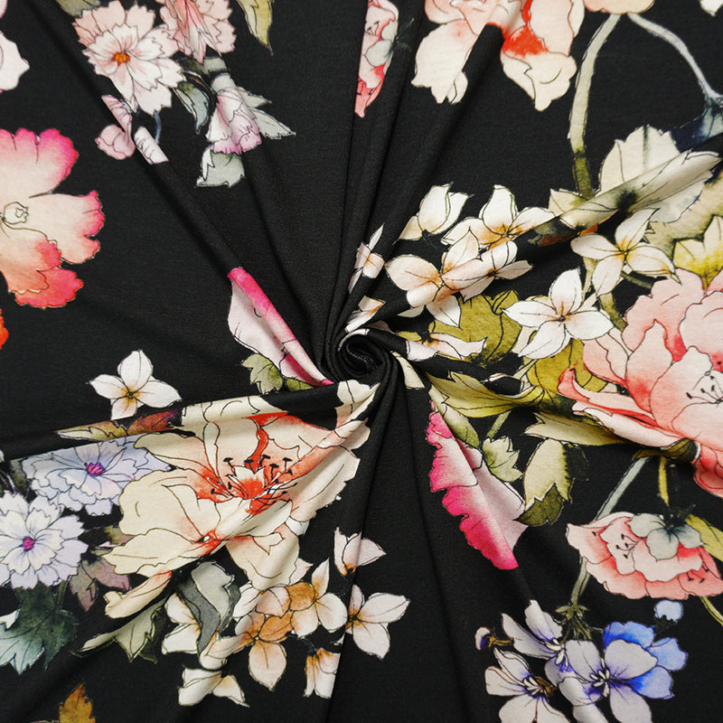 Black-Brown-Multi Famous Designer Rayon Floral Jersey Knit Fabric