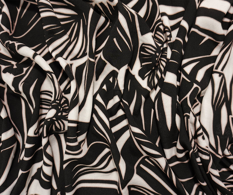 Black-White Famous Designer Viscose Floral Printed Crepe Faille Woven Fabric