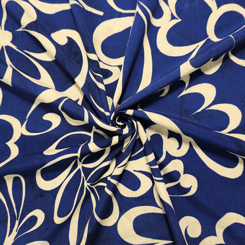 Blue-Beige Famous Designer Viscose Floral Crepe Faille Fabric
