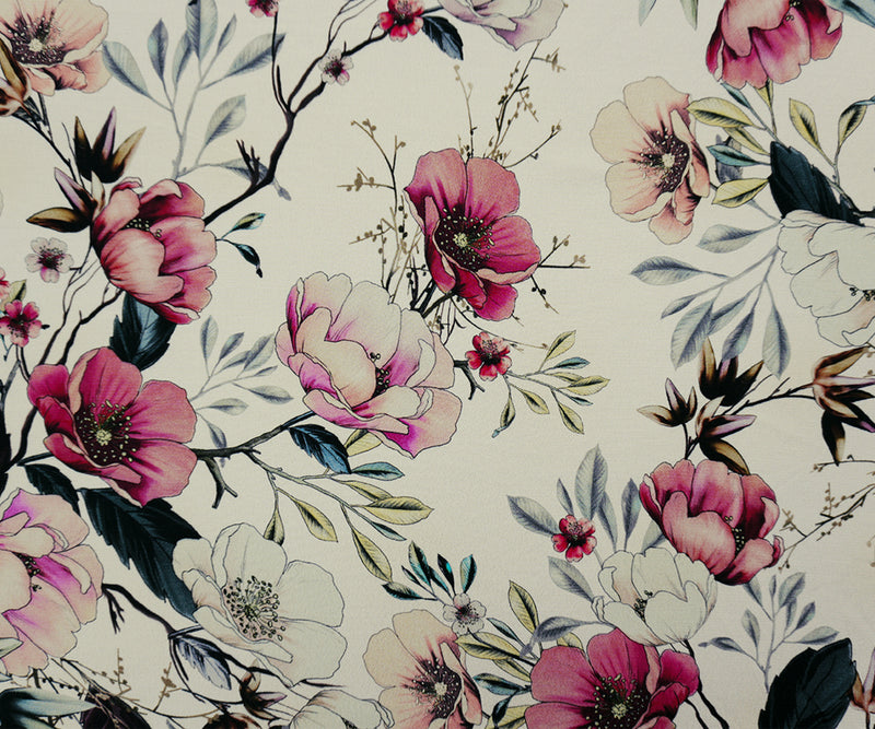 White-Multi Famous Designer Viscose Floral Crepe Faille Fabric