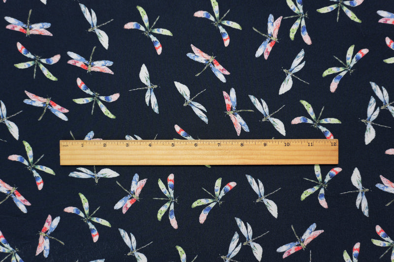 Deep Navy-Multi Designer Viscose Dragonfly Crepe Faille Fabric