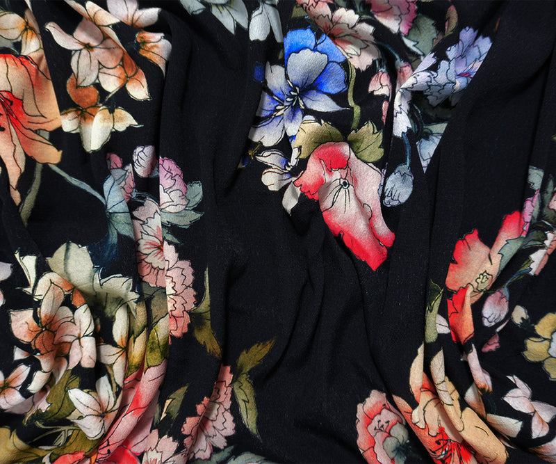 Black-Multi Famous Designer Viscose Floral Crepe Faille Fabric