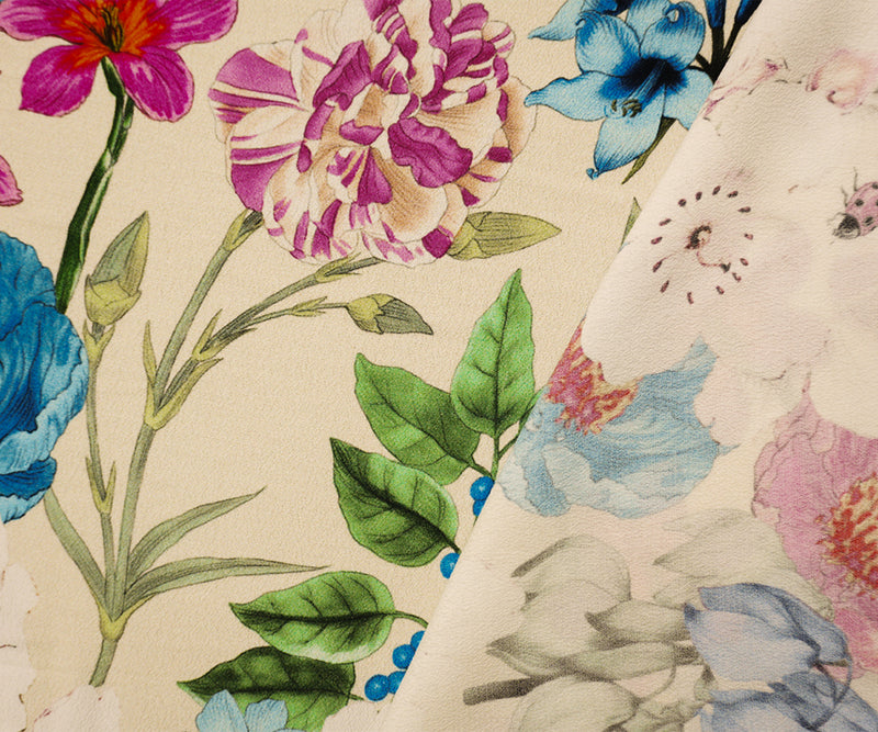 Light Beige-Multi Designer Viscose Floral Crepe Faille Fabric