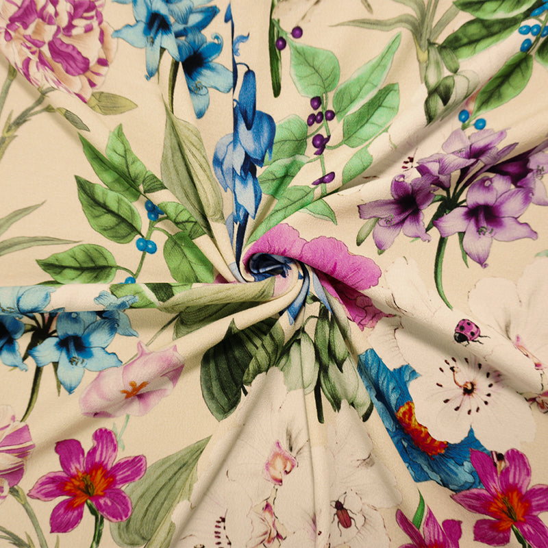 Light Beige-Multi Designer Viscose Floral Crepe Faille Fabric
