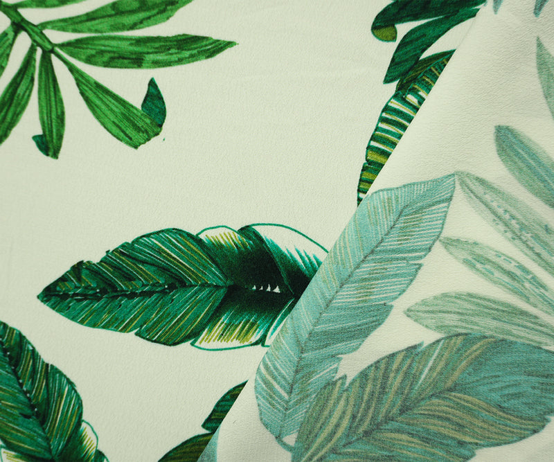 White-Green Famous Designer Viscose Leaves Crepe Faille Fabric