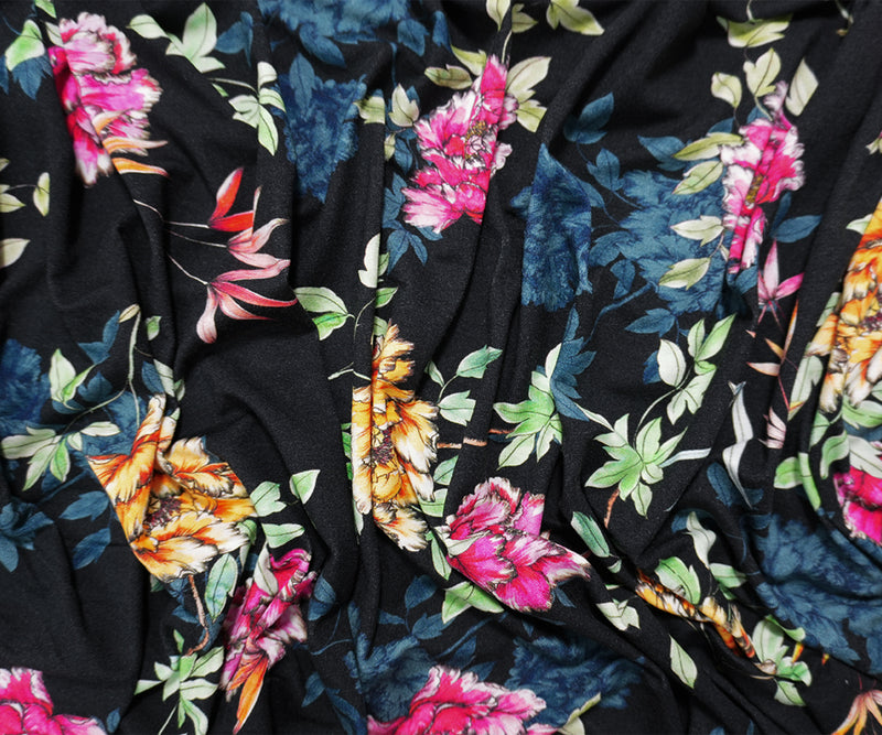 Black-Multi Famous Designer Rayon Floral Jersey Knit Fabric