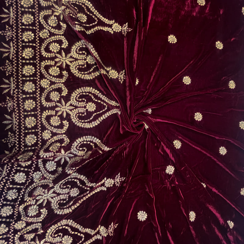 Red Designer Nylon Rayon Floral Border Embroidered Velvet Fabric