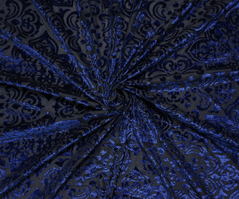 Black-Blue Designer Poly Nylon Burnout Floral Velvet Knit Fabric