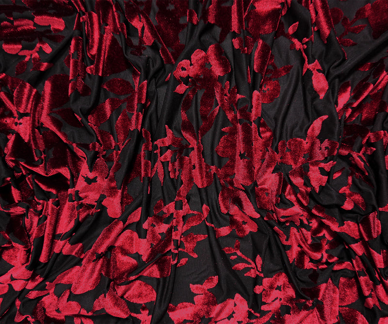 Black-Red Designer Poly Nylon Burnout Floral Velvet Knit Fabric