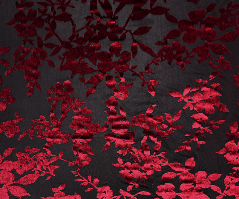 Black-Red Designer Poly Nylon Burnout Floral Velvet Knit Fabric