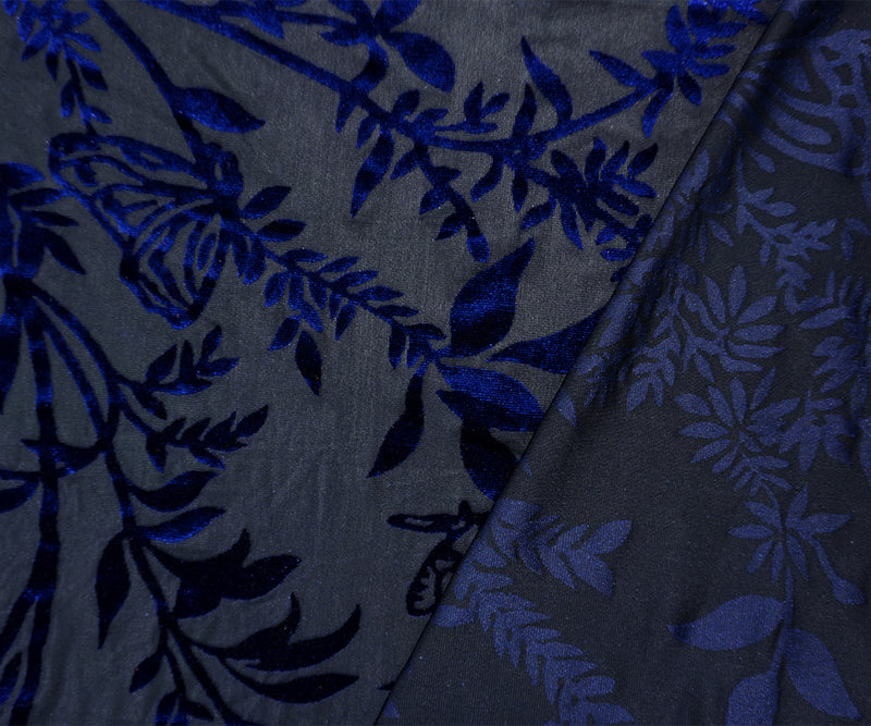 Black-Blue Designer Poly Nylon Leaves Burnout Velvet Knit Fabric