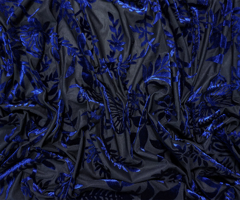 Black-Blue Designer Poly Nylon Leaves Burnout Velvet Knit Fabric
