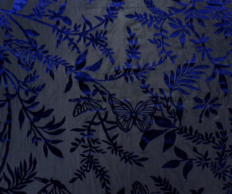 Black-Blue Designer Poly Nylon Leaves Burnout Velvet Knit Fabric