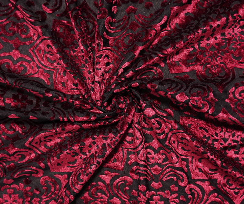 Black-Red Designer Poly-Nylon Floral Burnout Velvet Knit Fabric