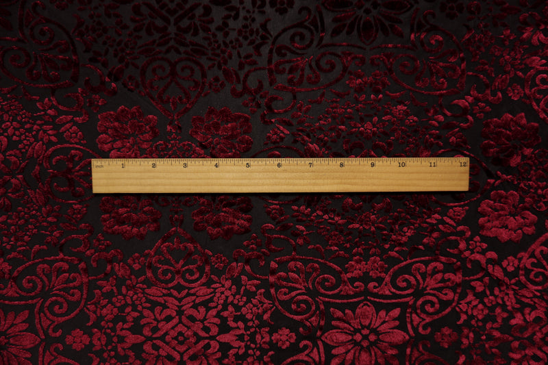 Black-Red Designer Poly Nylon Baroque Burnout Velvet Knit Fabric