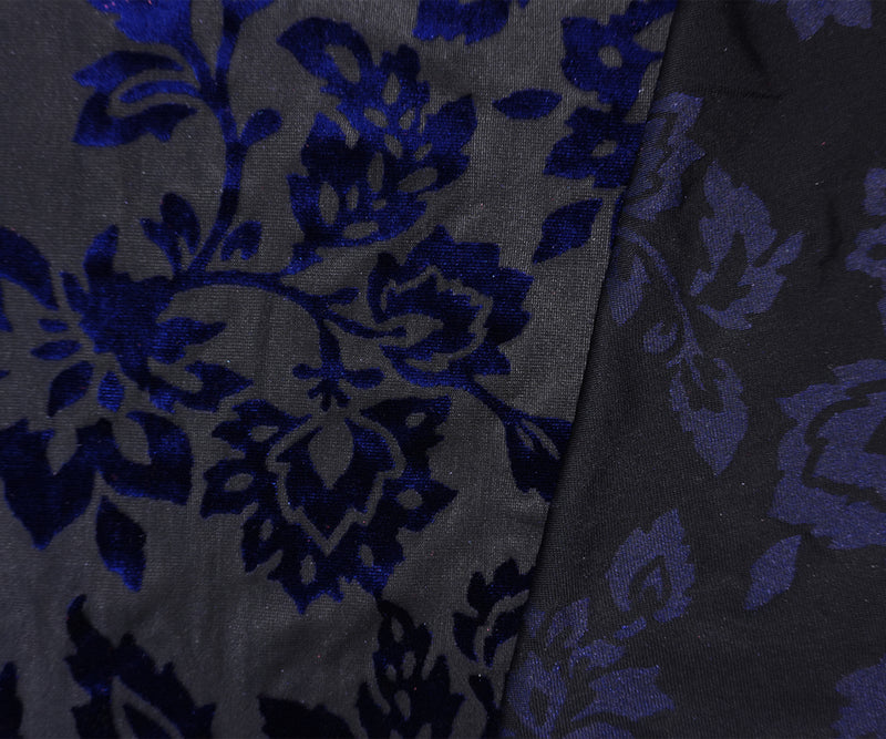 Black-Blue Designer Poly-Nylon Baroque Burnout Velvet Knit Fabric