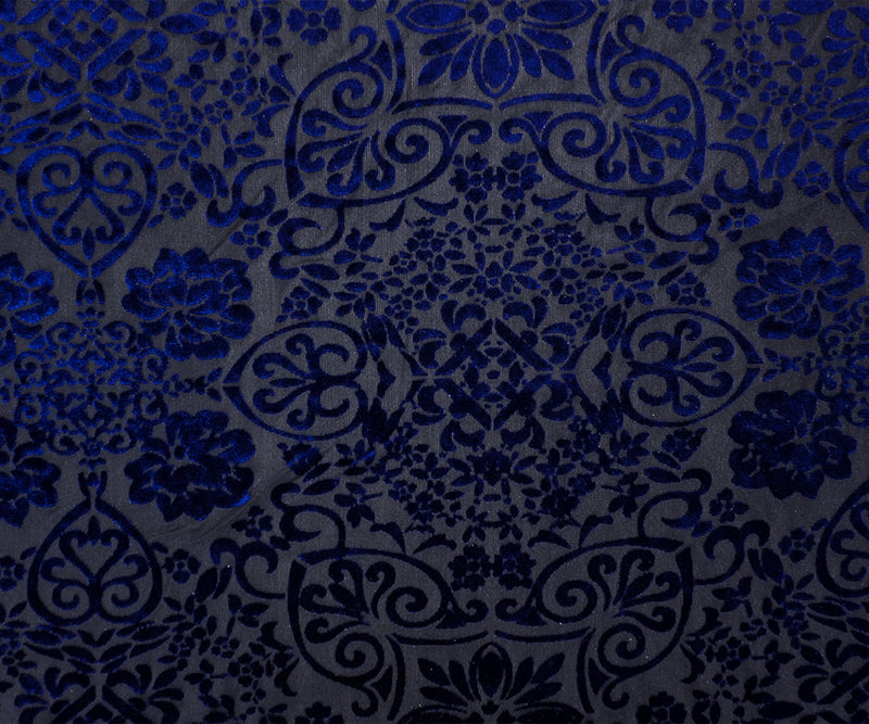 Black-Blue Designer Poly Nylon Floral Burnout Velvet Knit Fabric