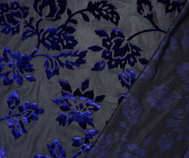 Black-Blue Designer Poly Nylon Floral Burnout Velvet Knit Fabric