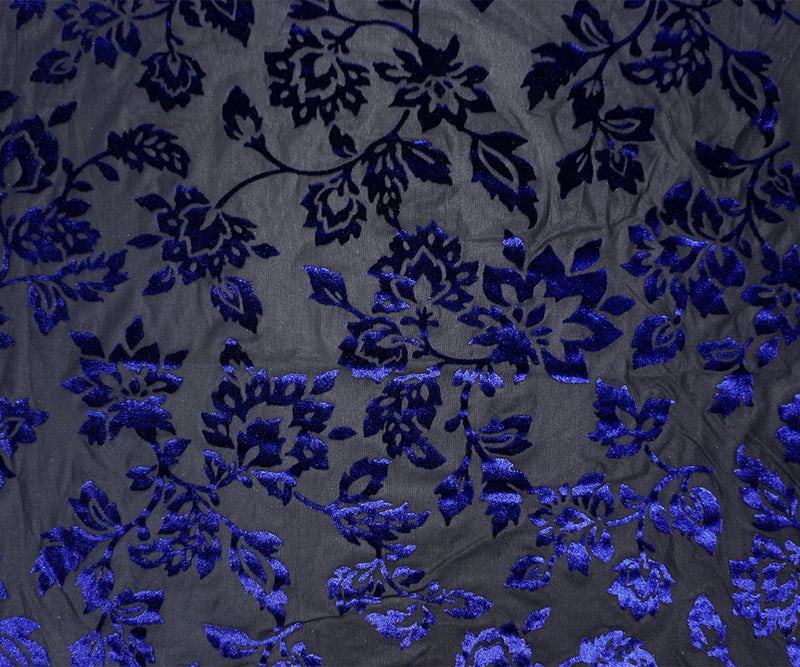 Black-Blue Designer Poly Nylon Floral Burnout Velvet Knit Fabric