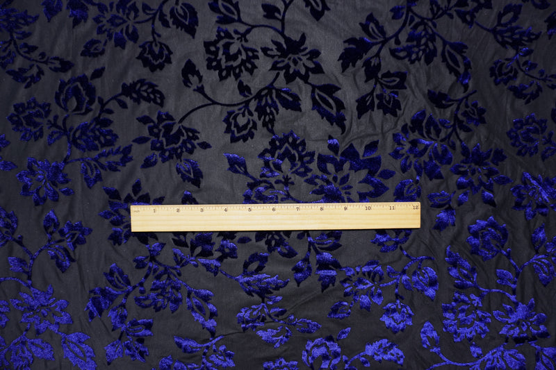 Black-Blue Designer Poly Nylon Floral Burnout Velvet Knit Fabric