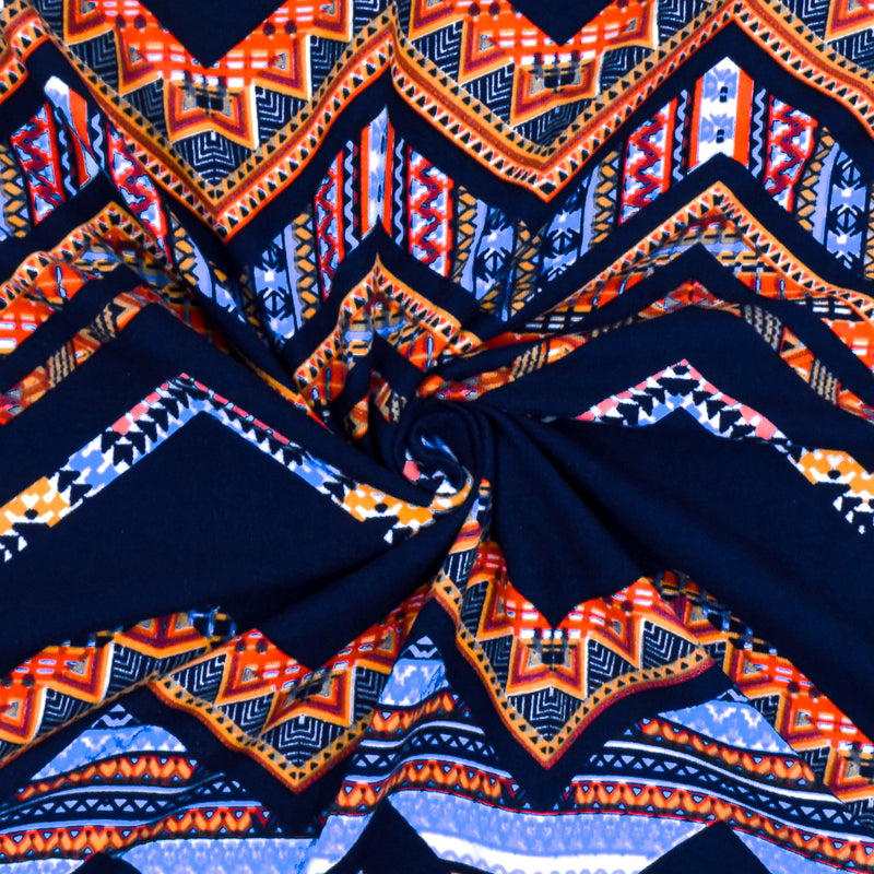 Navy-Yellow-Multi Tribal Chevron Printed Double Brushed ITY Knit Fabric