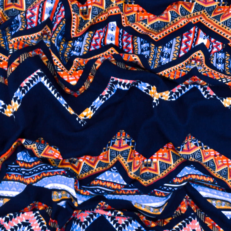 Navy-Yellow-Multi Tribal Chevron Printed Double Brushed ITY Knit Fabric