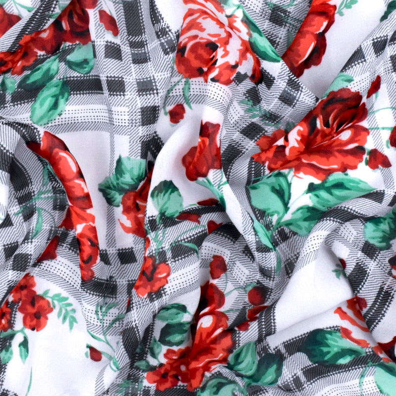 Red-Green-Multi Floral Plaid Printed Poly Chiffon Woven Fabric