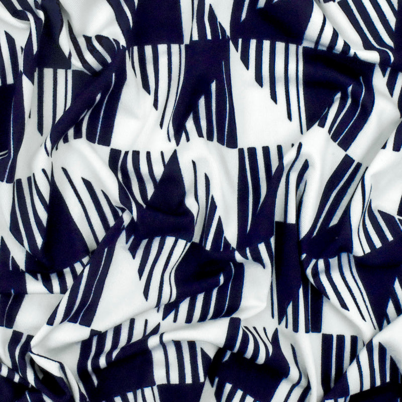 Dark Navy-White Diamond Geometry Stretch Polyester ITY Knit Fabric
