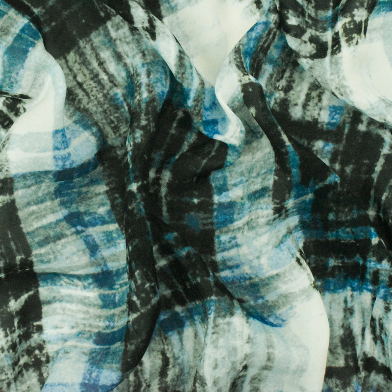 Ocean Blue-Black-Multi Famous Designer Tie Dye Printed Chiffon Woven Fabric