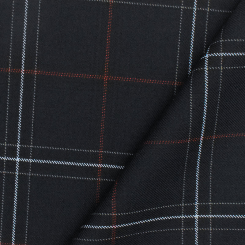 Cool Black-Soft Blue-Multi Plaid Wool-Poly Twill Woven Suiting Fabric