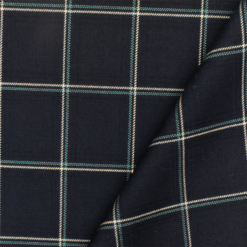 Deep Navy-Beige-Green Check Wool-Poly Twill Woven Suiting Fabric
