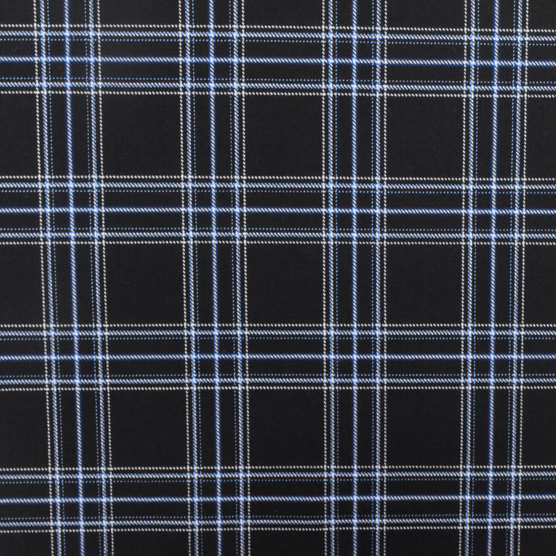 Cold Black-Blue-Multi Plaid Poly-Wool Twill Woven Fabric