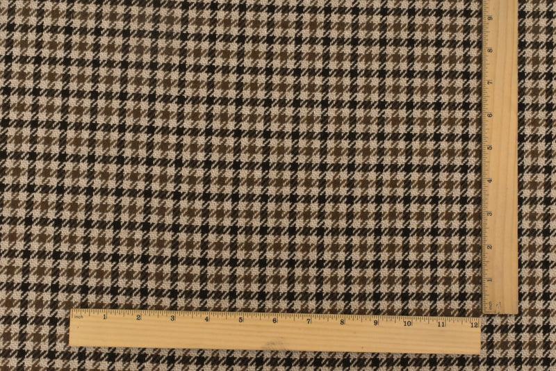 3 YD PC-Brown-Multi Houndstooth Plaid Wool-Poly Brush Twill Woven Jacketing Fabric