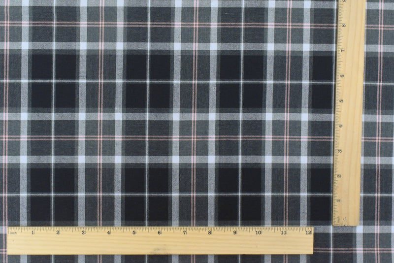 Simple Black-Gray-Pink Plaid Wool-Poly Woven Suiting Fabric