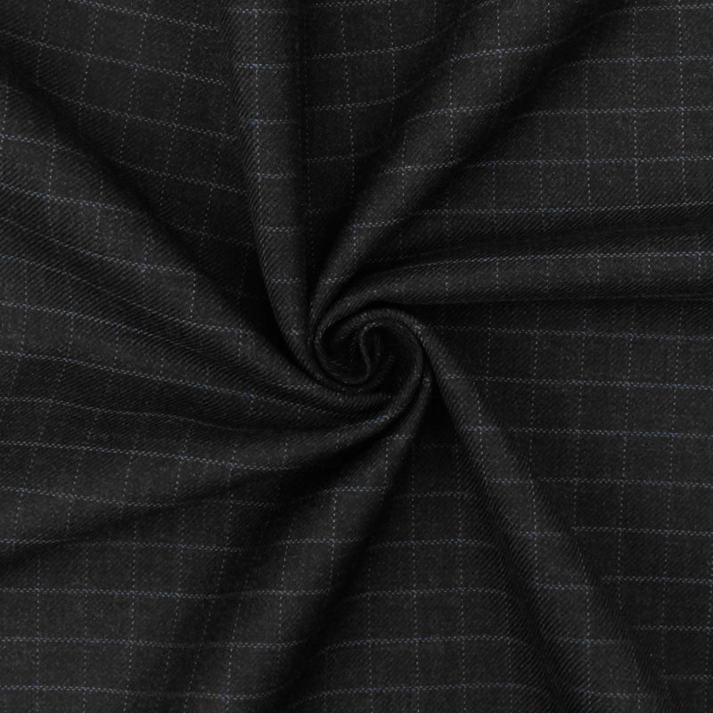 Off Black-Gray-Blue Check Wool-Poly Twill Woven Suiting Fabric