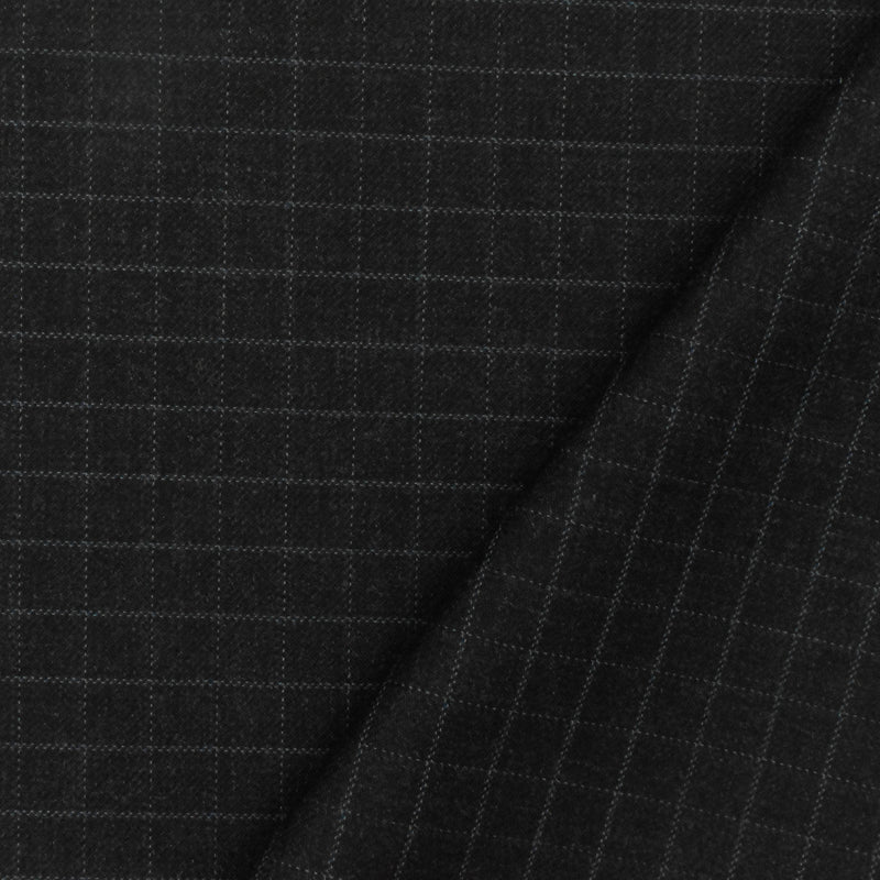 Off Black-Gray-Blue Check Wool-Poly Twill Woven Suiting Fabric