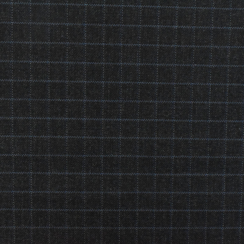 Off Black-Gray-Blue Check Wool-Poly Twill Woven Suiting Fabric